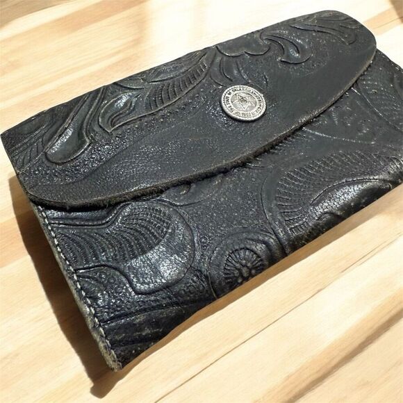 Vintage Black Denim Leather Tooled Wallet Rose Floral Wéstern - Picture 2 of 5